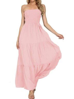 Women's Pink Summer Stylish Tube Top Off Shoulder Boho Beach Long Maxi Dress